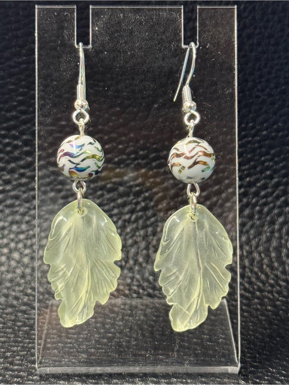 Frosted Czech Glass Leaf Drop Earrings with Multicolor Zebra Print Glass Beads